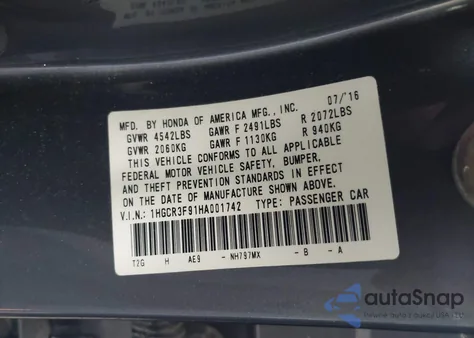 2017 Honda Accord Touring V6 from USA, damaged, VIN 1HGCR3F91HA001742
